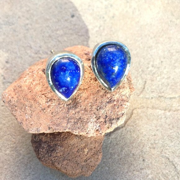 Genuine Lapis Lazuli .925 Stud Earrings Teardrop Pear-Shaped Sterling Silver - Picture 6 of 16